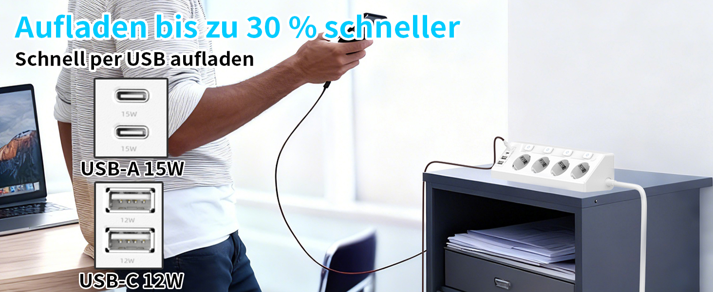 Многофункціональна мережева розетка з USB-C та захистом від перенапруги, 6 розеток, 2м кабель, 4000W, 16A, для кухні, дому, офісу (білий)