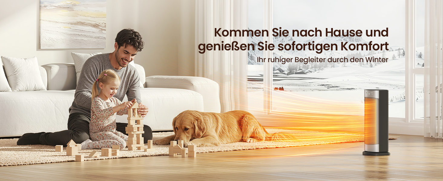 Електричний обігрівач з термостатом 1500W, 70°C, PTC кераміка, тихий, ECO-режим, таймер 24 год, захист від перегріву та перекидання, срібний, 41 см