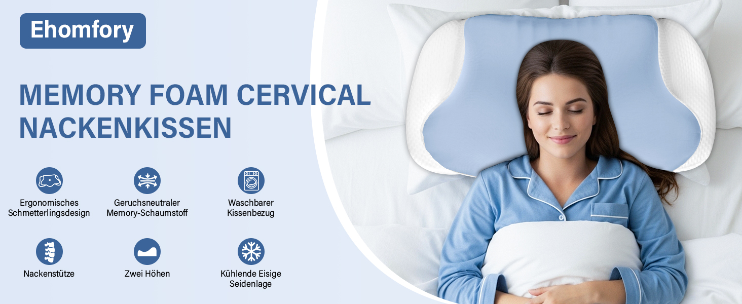 Подушка для шиї Ehomfory з ефектом пам'яті, дихаюча, ергономічна, для сну на боці, спині та животі (Блакитна)