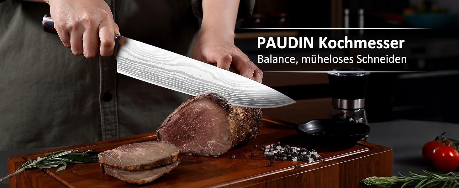 Набір кухонних ножів Paudin 5 шт. з нержавіючої сталі, включаючи кухонний ніж, ніж для хліба, сантоку, ніж для овочів та універсальний ніж