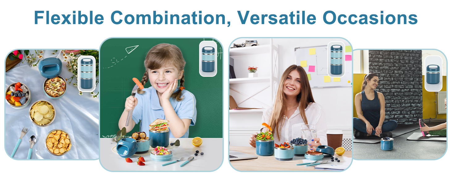 Ланчбокс Lille Home з нержавіючої сталі 1.43л, 3-рівневий, ізольований, без BPA, для їжі на виніс, підходить для жінок та чоловіків (блакитний)