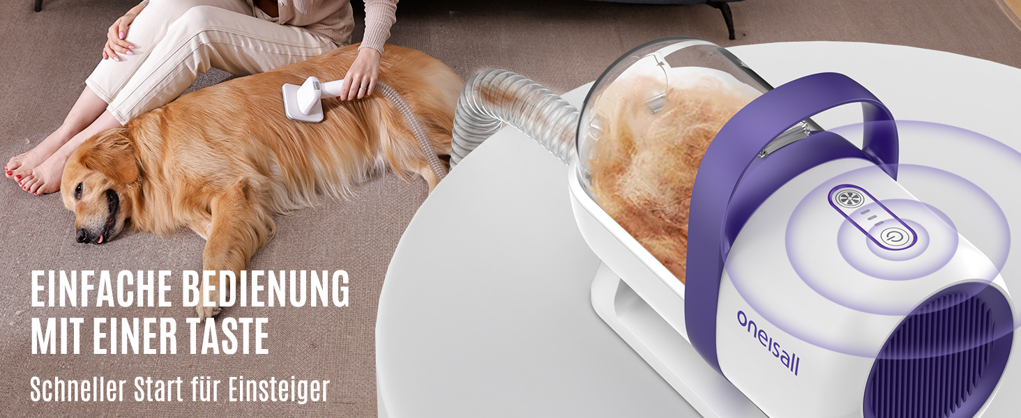 Пилсос для собак та котів Oneisall з турбощіткою, потужність 12000Pa, видаляє шерсть, 4 насадки, об'єм 1.5л, фіолетовий