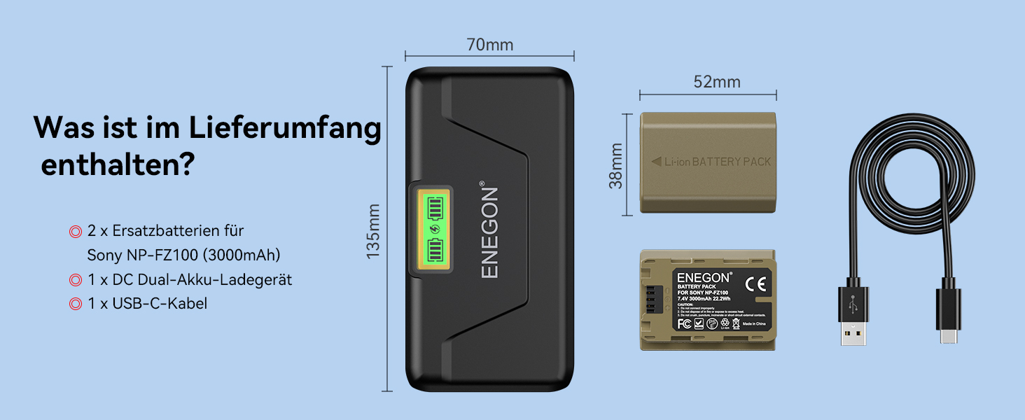 Зарядний комплект ENEGON NP-FZ100 20W для Sony Alpha: A7 IV, A7 III, A9, A9R, A6700, A6600, FX3, FX30, A1 (2 x 3000mAh), з дисплеєм, SD-картридер