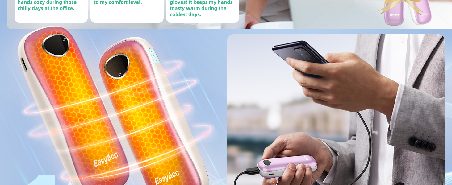 Електричні грілки для рук EasyAcc 10000mAh, 2 шт. з LED-дисплеєм, 3 режими нагріву, для кемпінгу, полювання, Рейно