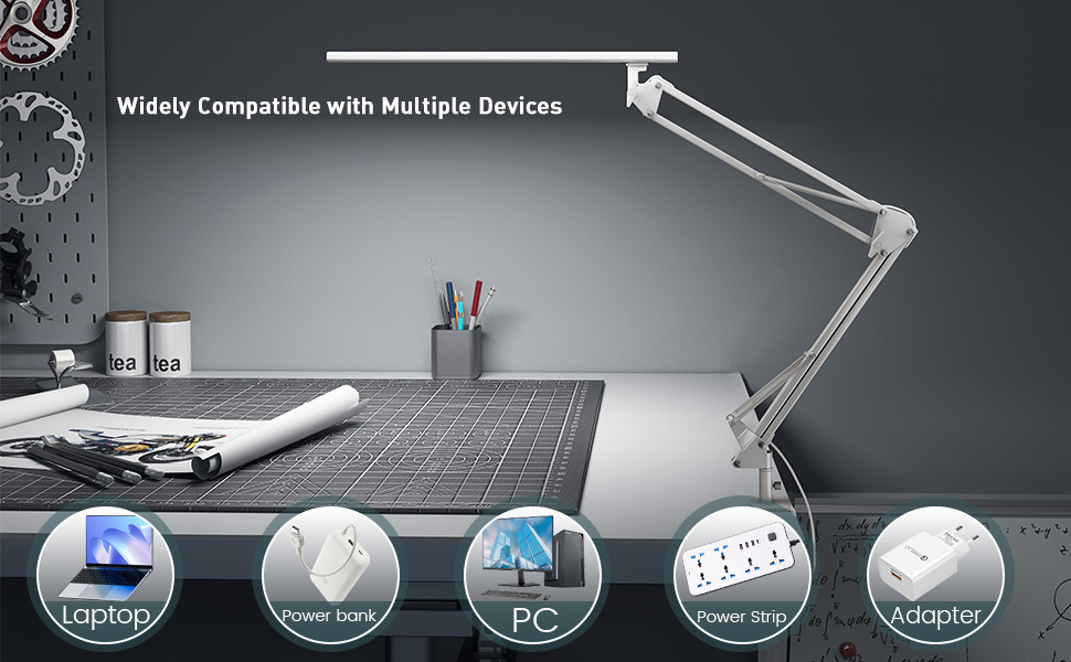 Лампа для робочого столу в офіс, кріпиться на стіл, архітекторська лампа з адаптером QC3.0, лінза Френеля, 5 режимів кольору та регулювання яскравості, лампа-прищіпка з функцією пам'яті, біле освітлення