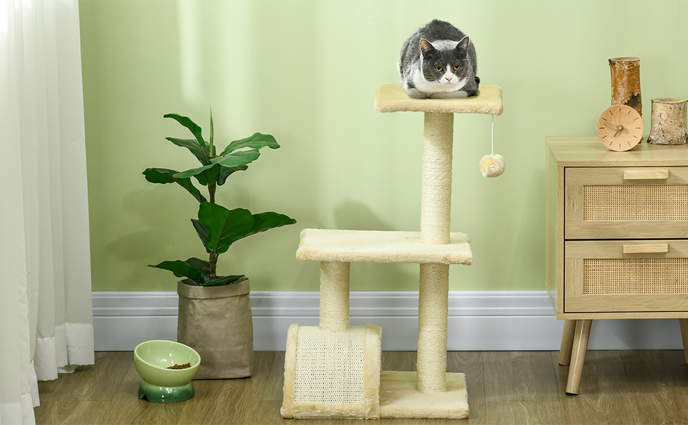 Кігтеточка PawHut для котів, 52 см, з 2 рівнями, з іграшкою-м'ячиком, сізал, кремово-білий, 40x35x72 см