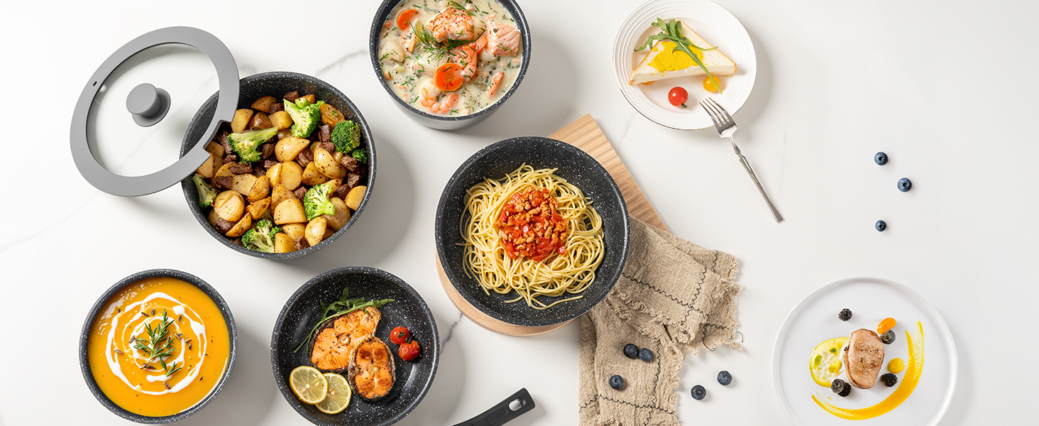 Набір каструль та сковорідок 17 частин з знімним ручками, антипригарне покриття, для всіх типів плит, включаючи індукційні, та духовка, сірий колір