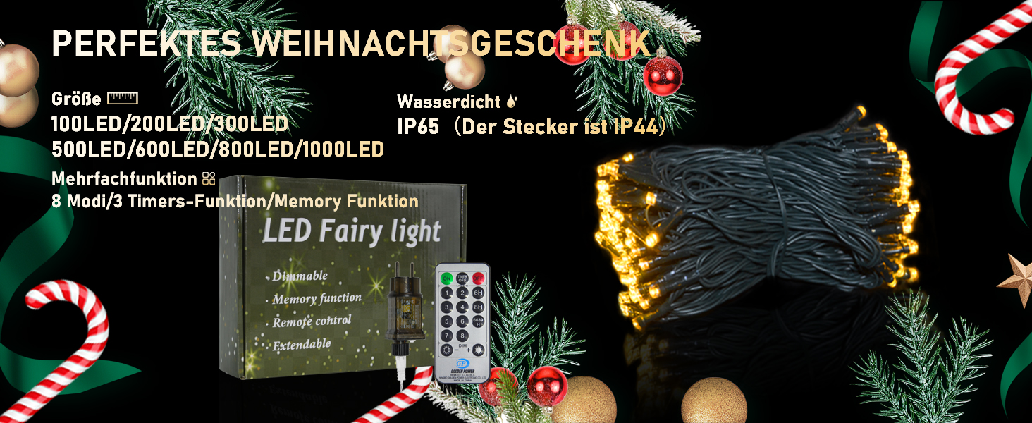 LED гірлянда на батарейках для дому та вулиці, 100 LED, з пультом, таймером, IP65, 25м, тепле світло