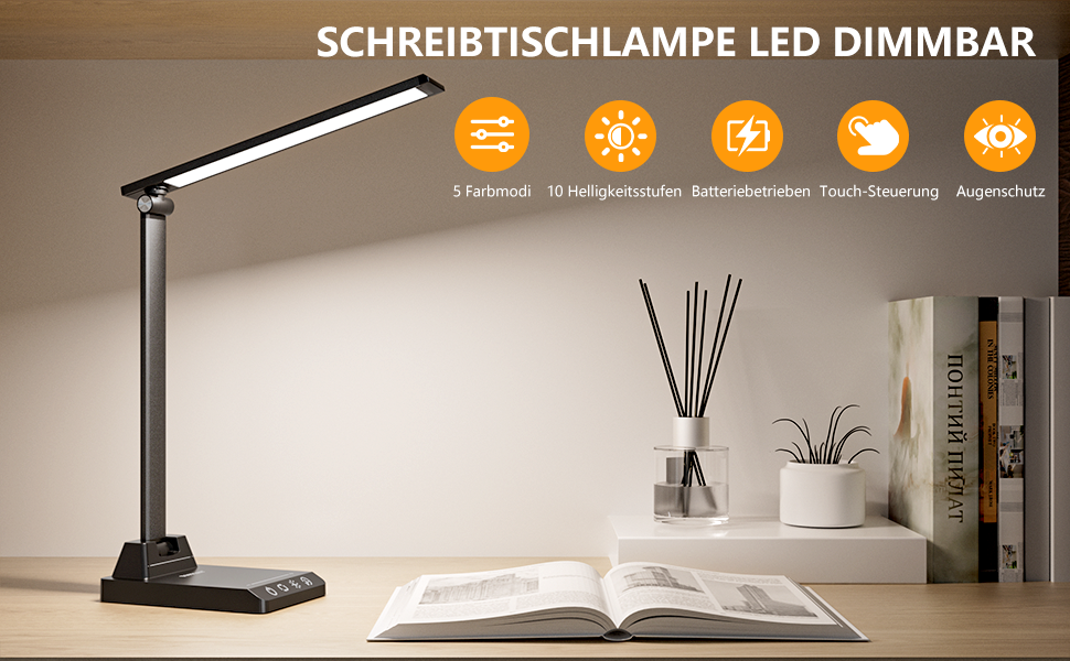 TOPPLEE LED Desk Lamp - Dimmable Table Lamp with Rechargeable Battery, 5 Colors & 10 Brightness Levels, USB Charging Port, Office Lamp for Kids & Home, Black