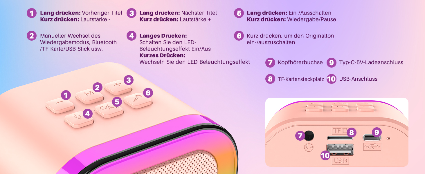 Караоке машина для дітей 3-12 років Dislocati з 2 мікрофонами Bluetooth, рожева. Портативна музична іграшка зі світлодіодами для вечірок