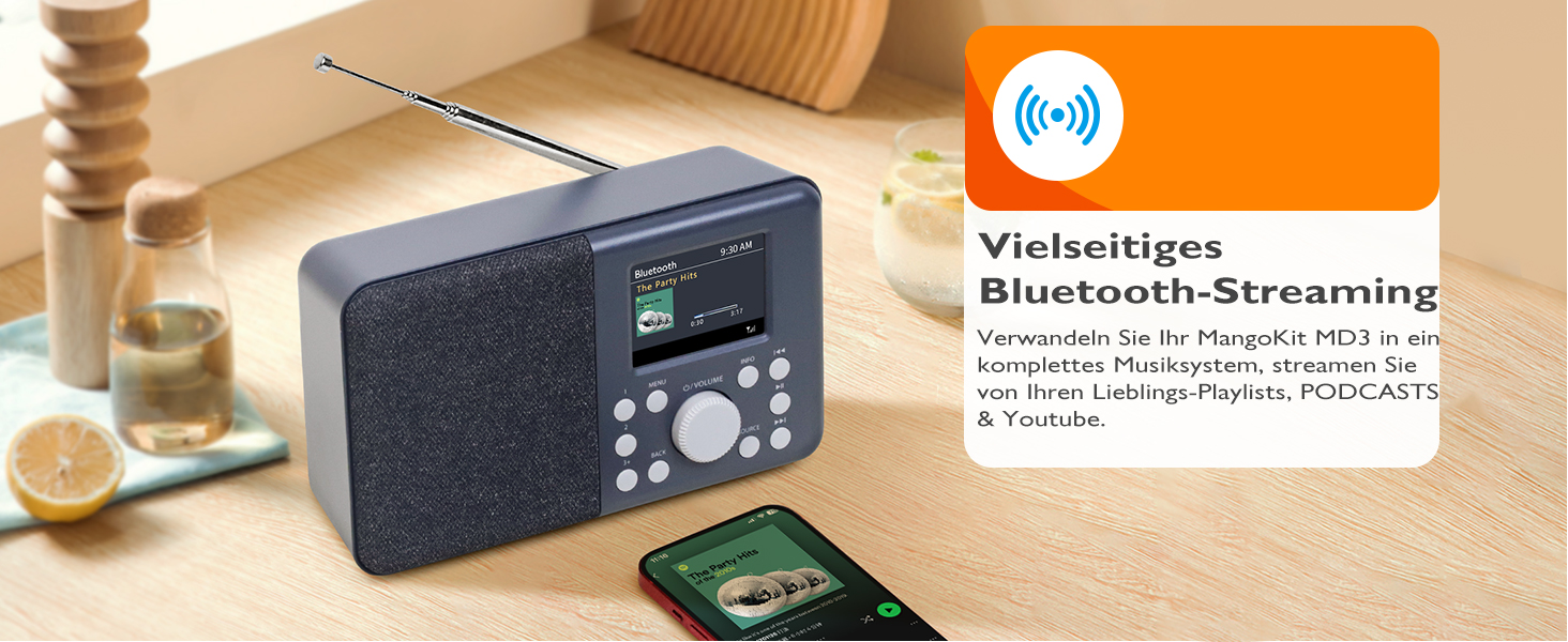 Портативне цифрове радіо MD3 DAB/DAB+/FM з Bluetooth, динаміком та навушниками, 40 станцій, будильник, годинник, таймер, кольоровий дисплей, батарея та мережа (темно-сірий)