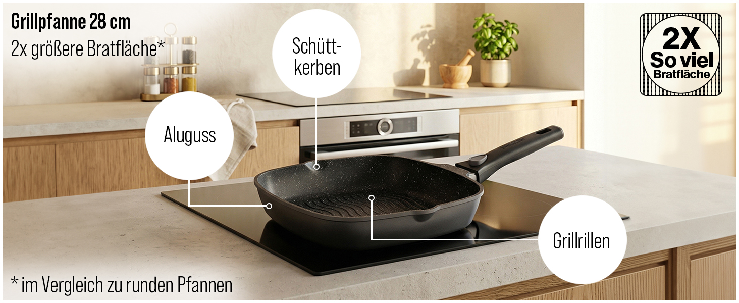 Сковорода гриль STONELINE Smart 28 см з антипригарним покриттям, алюмінієвий литий, зі знімною ручкою, для всіх плит (індукція), сіра