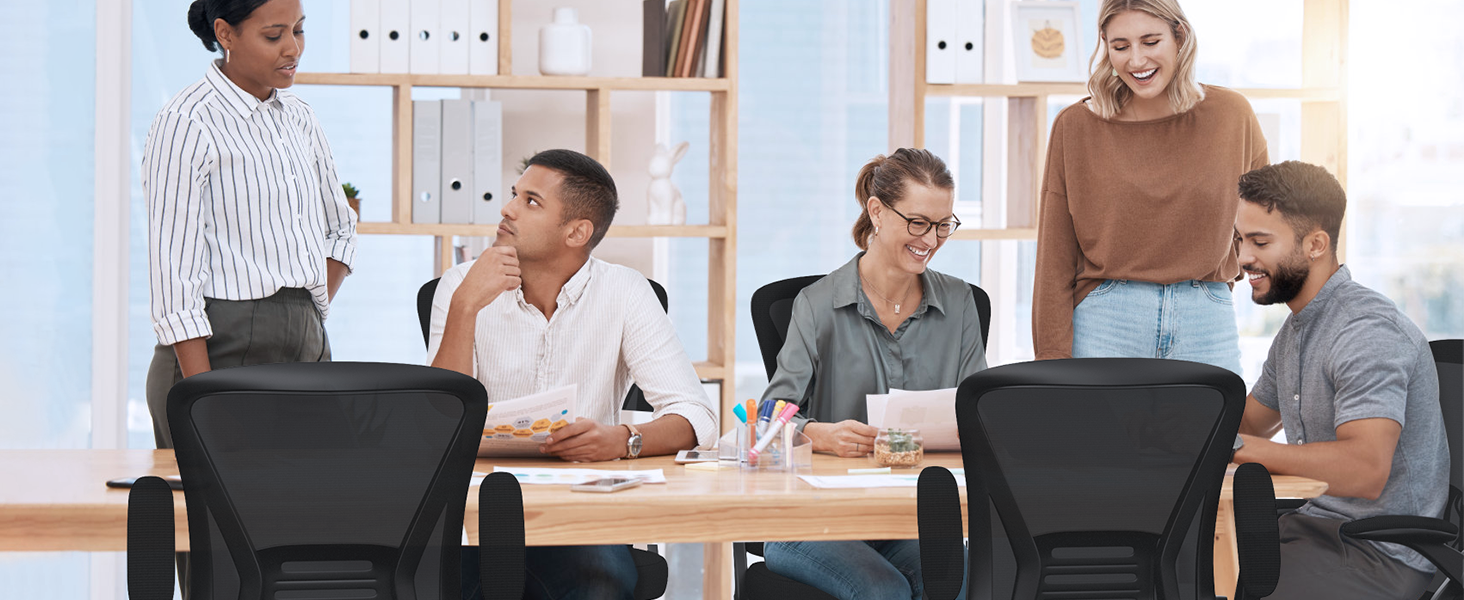 Офісний стіл з підтримкою попереку Rattantree, ергономічний, регульовані підлокітники, регульована висота, поворотний, дихаюча спинка, чорний, без підголівника