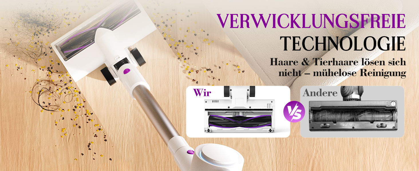 Бездротовий акумуляторний пилосос 45000 Па, 60 хв, 1.75 кг, 6-в-1 з сенсорним екраном, LED-підсвічуванням, антизаплутувальною насадкою та зарядною станцією, 7-шарова фільтрація для шерсті тварин, килимів, твердих поверхонь, авто, білий з фіолетовим