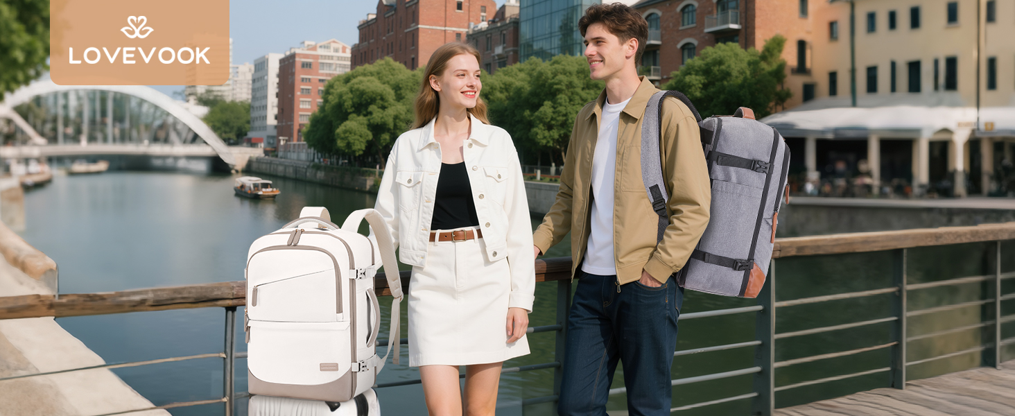 LOVEVOOK Рюкзак для ручної поклажі 40л, для подорожей, з відділенням для ноутбука 17.3 дюймів, з вологостійким відділенням, 45x36x20 см, бежевий/хакі