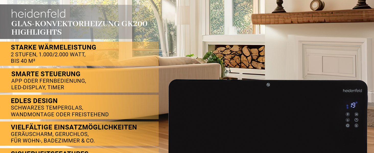 Конвектор опалення Heidenfeld GK200: скляний нагрівач 2000 Вт, гарантія 3 роки, до 40 м²