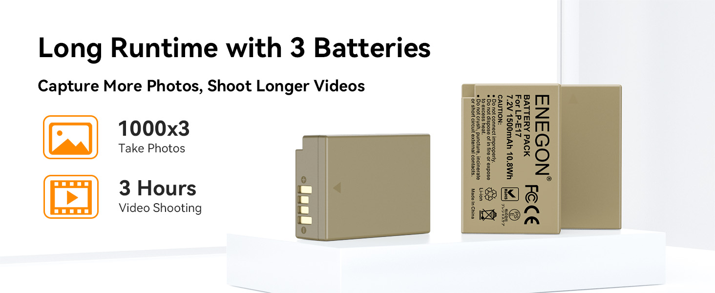 Акумулятори ENEGON LP-E17 1500mAh (3 шт.) + Зарядний пристрій LCD з 3-секційним відсіком, сумісний з Canon EOS R10, R8, RP, R50, R100, 200D, 250D, 77D, 750D, 760D, 800D, 8000D, M3, M5, M6, Rebel SL2, T6i, T6s, T7i