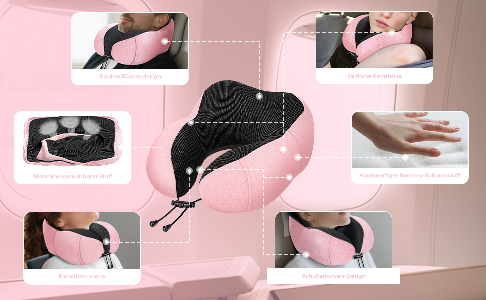 Подушка для шиї у літак - Подорожня подушка з Memory Foam - Подушка-вишенка з м'яким, дихаючим чохлом - Ідеально для кемпінгу, офісу, авто, літака, подушка для сну (Рожева)