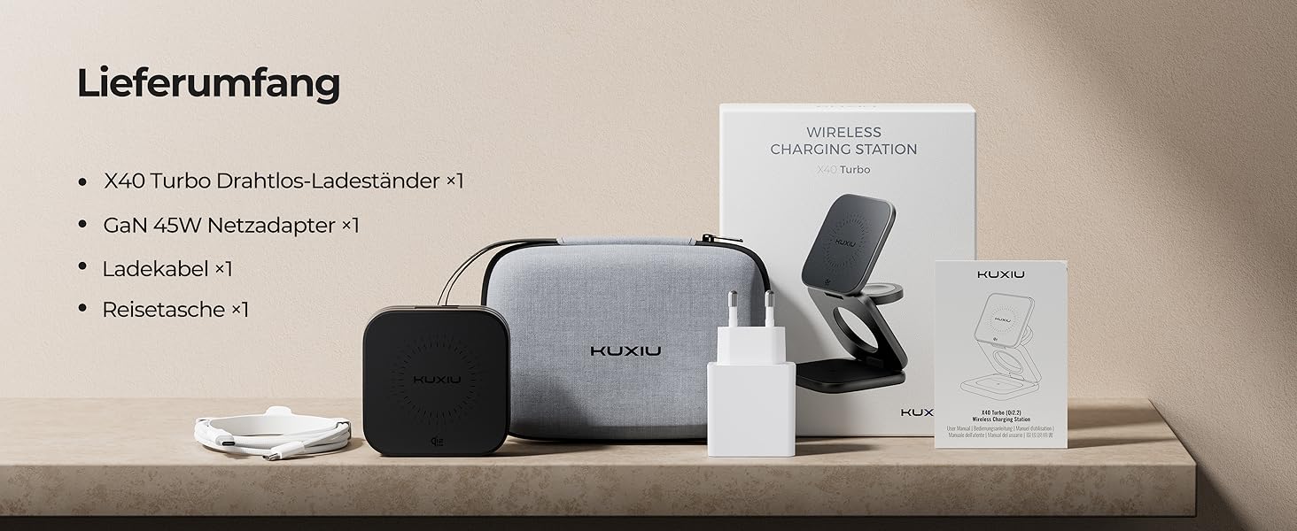 Зарядна станція KU XIU X40 Turbo Qi2.2 25W 3-в-1 для iPhone 17/16/15/14/13/12, Apple Watch та AirPods, складна бездротова зарядка, алюмінієвий адаптер GaN 45W (Чорний)