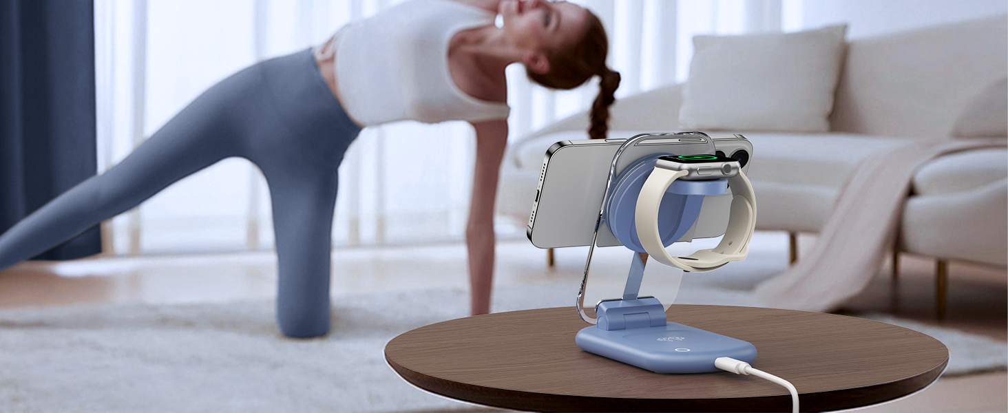 Підставка для зарядки MagSafe 3-в-1 для iPhone 17/16/15/14/13/12 Pro Max/Air/Plus/Pro та Apple Watch 10/9, AirPods 3/2/Pro (блакитна)