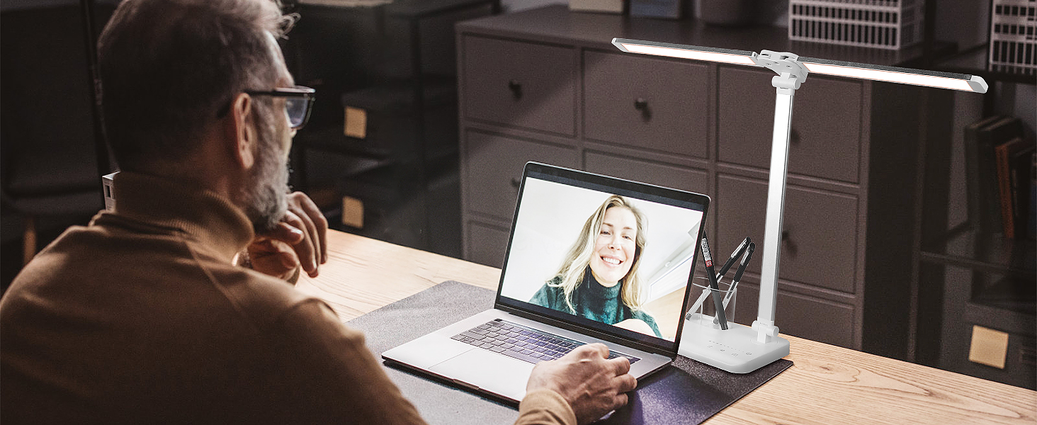 iVict LED лампа для столу з двома шарнірними руками, сенсорне керування, 5 режимів, таймер, USB-порт, пам'ять, для дітей, біла