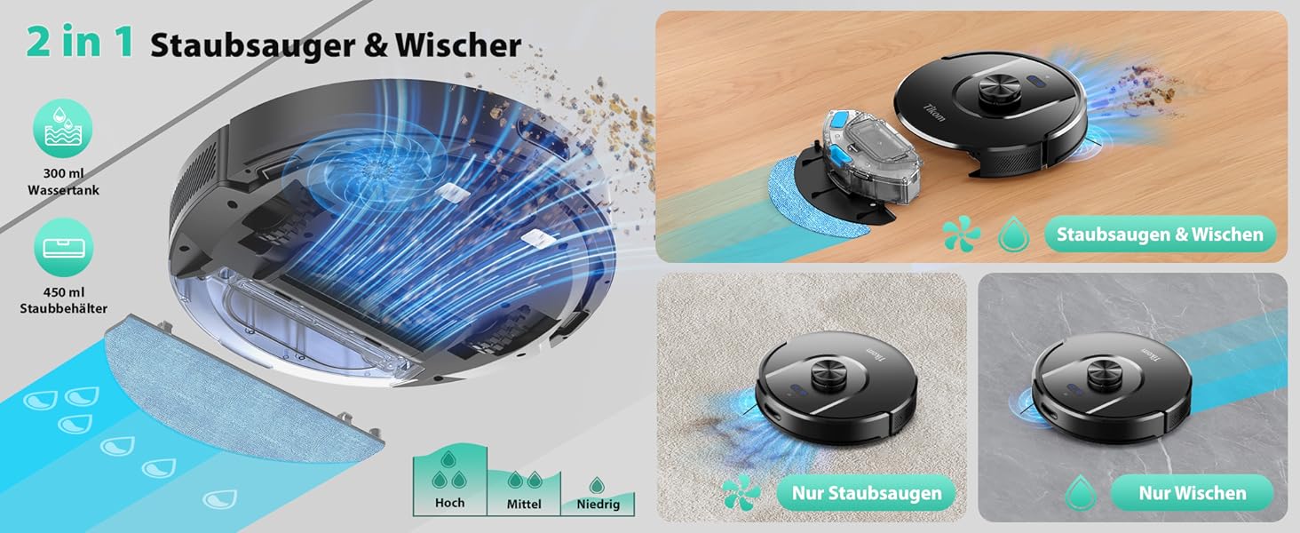 Робот-пилосос Tikom L8000 Plus з потужністю 6000Pa, станція самоочищення, LiDAR-навігація, Wi-Fi, мапінг, для шерсті тварин, килима та твердих підлог