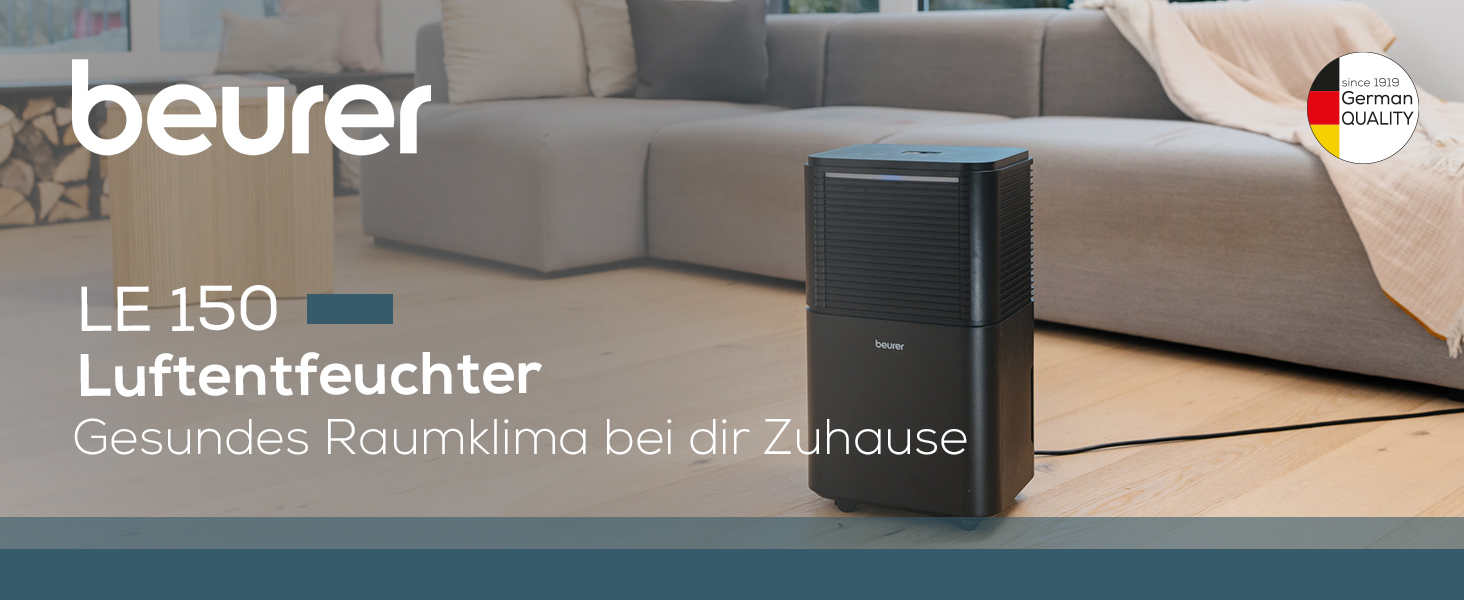 Електричний осушувач повітря Beurer LE 150: 12л/24г, осушувач для кімнати з функцією сушіння білизни, тихий нічний режим, захист від плісняви та запахів, бак 2л, до 30м2
