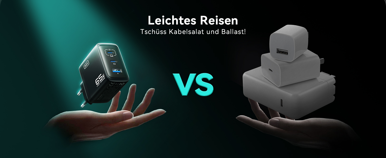 Зарядний пристрій INIU 65W USB-C/USB-A GaN, швидка зарядка для MacBook, iPad, iPhone, Samsung Galaxy, Pixel - Чорний