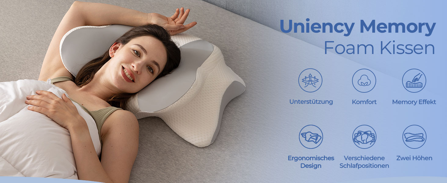 Ортопедична подушка Uniency для шиї з Memory Foam - підтримка шиї та полегшення болю в шиї та плечах. Підходить для сну на боці, спині та животі (66 x 40 x 14 см, сіра)