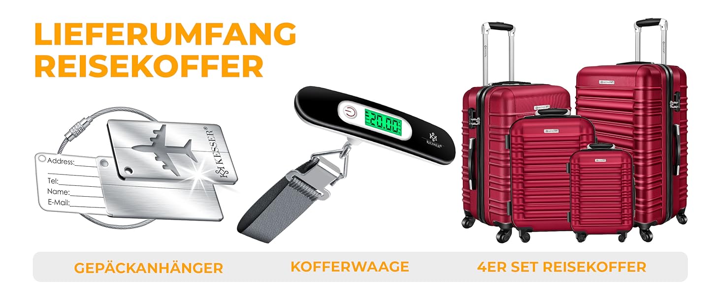 Набір валіз KESSER® з твердим корпусом (4 шт) – Bordeaux. Валізи з ABS-пластику, телескопічною ручкою, 4 колеса, ваги та брелок для багажу. Розміри: S, M, L, XL