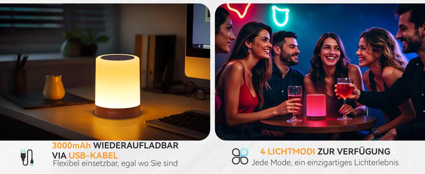 Нічник Auxmir для дітей з акумулятором 3000mAh, LED-лампа настільна сенсорна з регулюванням яскравості, 5 режимів, 13 кольорів, 5 рівнів яскравості, бездротова лампа з таймером та пультом дистанційного керування, нічник для декору спальні, тераси