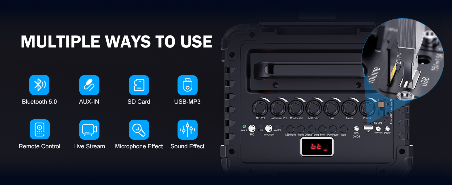 Караоке система JYX з 2 бездротовими мікрофонами, великим гучномовцем, Bluetooth, колесами та диско-світлом, сабвуфером PA, підтримкою TWS/USB/SD/AUX/Rec (Чорний)