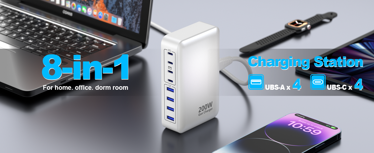 Зарядний пристрій USB-C 200W, 8 портів GaN, швидка зарядка, адаптер PD 65W для ноутбука MacBook/Dell/Steam Deck, iPhone 17/16/15/14, Galaxy S24/S23 (Білий)