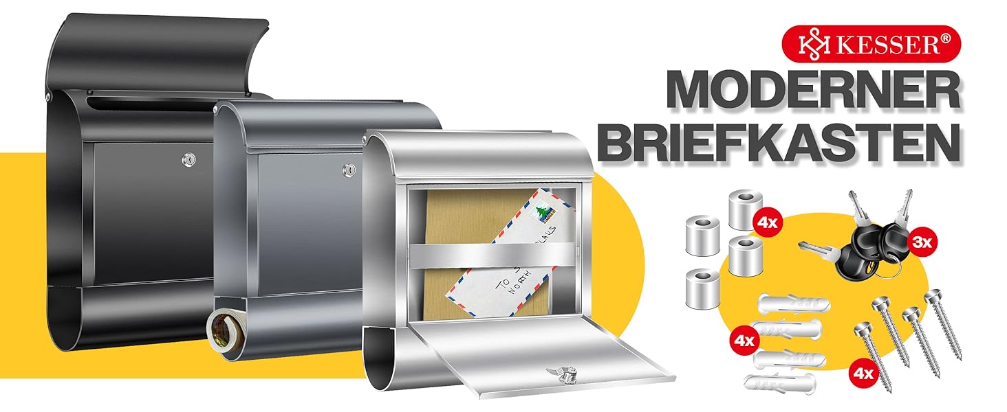 Поштовий ящик настінний KESSER® XXL нержавіюча сталь срібний з газетницею, замок + 3 ключі, вологостійкий, порошкове покриття