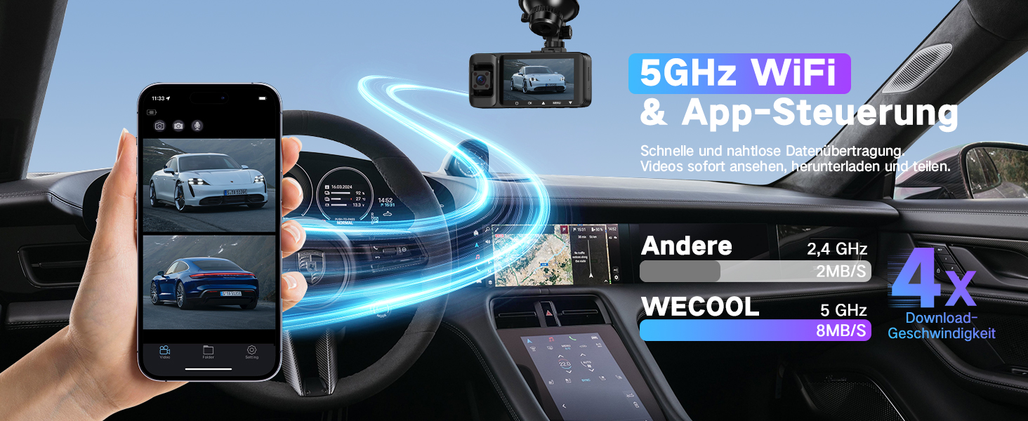 3-канальний автомобільний відеореєстратор 4K (передня, внутрішня та задня камери), кут огляду 170°/150°/150°, нічна зйомка, G-сенсор, циклічний запис, 24гд паркування, карта пам'яті 64 ГБ, чорний