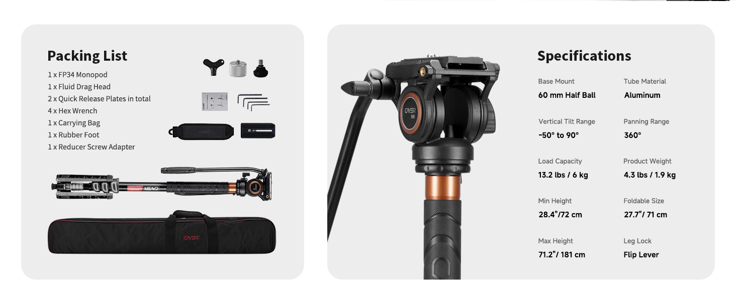 Однонога штатив Cayer FP34 з плавним голковим підшипником, 180 см, для DSLR камер Canon, Nikon, Sony, Olympus, Panasonic