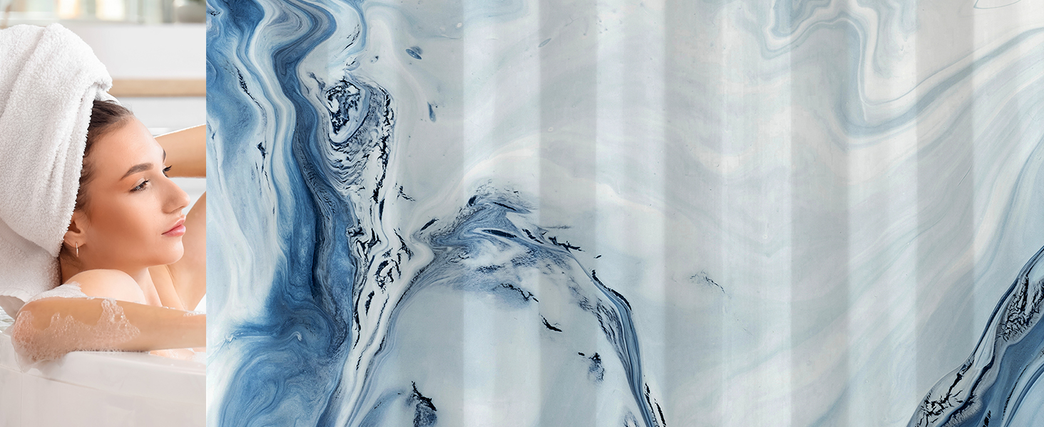 Штора для душу 180x200 см з утяжеленим краєм, антигрибкова, водовідштовхувальна, поліестер, з кільцями (Блакитний градієнт мармуру)