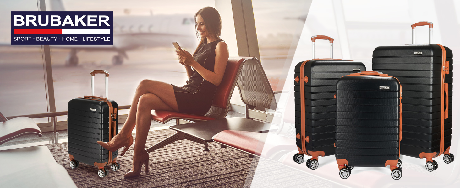Набір валіз BruBaker Paris - 3 шт. з жорстким корпусом (M, L, XL) з кодовим замком, 4 колеса, ручки. Чорний та світло-коричневий