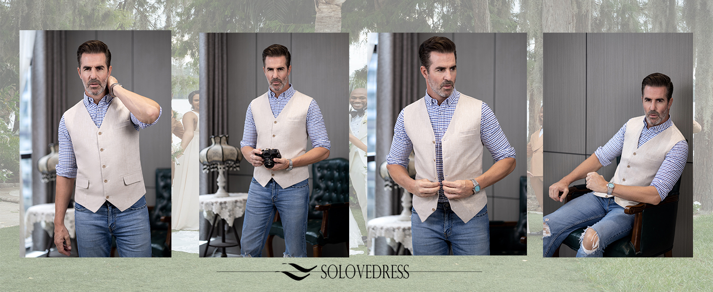 Елегантна жилетка для чоловіків Solovedress: літня жилетка з льону для весілля та свят, XXL, темно-синій