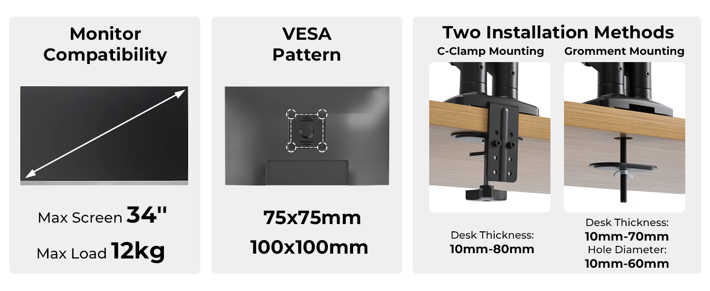 Підставка для монітора BONTEC для 2 моніторів, 14-34 дюйми, газліфт, VESA 75/100, регульована, поворотна, 360°, ергономічна, з кабелеуправлінням, для дому/офісу та геймінгу