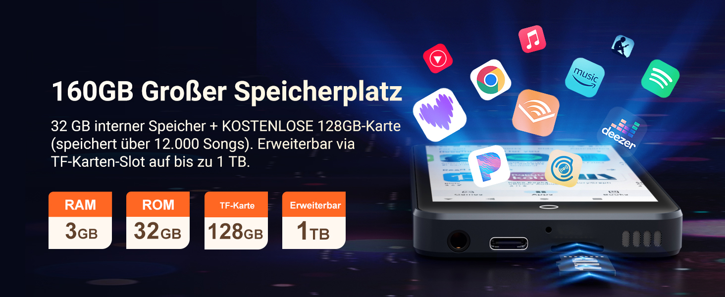 MP3 плеєр Mechen 160GB з Wi-Fi, Bluetooth, Android 13, 4