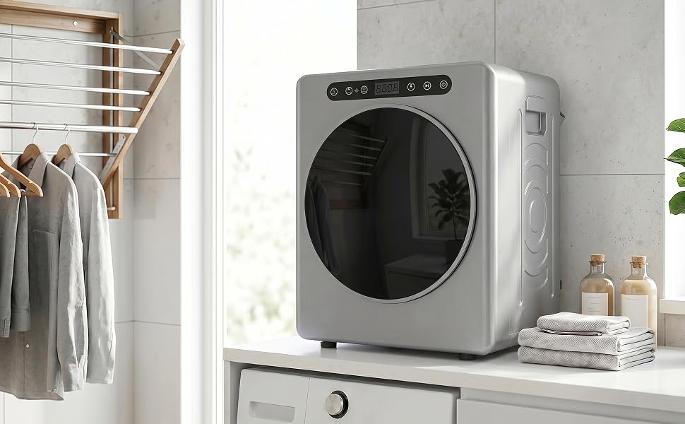 Міні-сушарка для одягу HOMCOM 5кг з функцією стерилізації, 6 програм до 60℃, 1000 Вт, сенсорне керування, барабан із нержавіючої сталі, срібляста