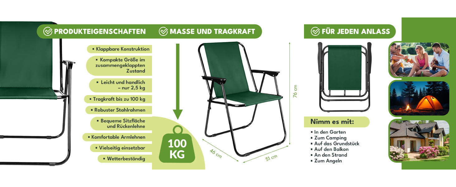 Складний туристичний стілець KRUMAD, зелений, 100 кг, сталевий каркас, 73x46x51 см. Підходить для кемпінгу, саду, риболовлі, балкону