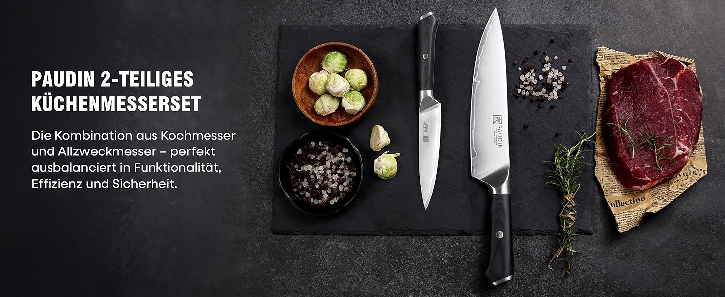Набір кухонних ножів PAUDIN: кухонний ніж, сантоку, універсальний, овочевий - професійні, гострі, з нержавіючої сталі 10Cr15CoMoV (62 HRC), з ергономічною дерев'яною ручкою (2 ножі)