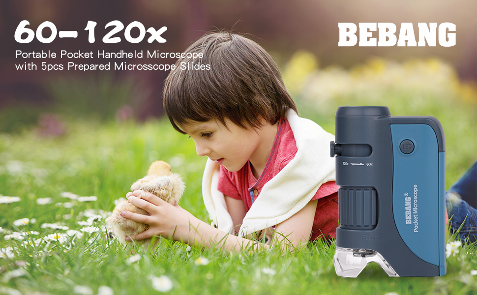 BEBANG Кишеньковий мікроскоп 60x-120x з LED-підсвічуванням, ручний міні-мікроскоп для дітей, студентів та дорослих, для мікробіологічних спостережень