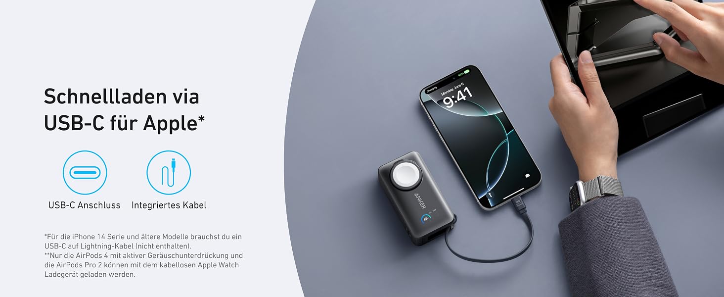 Повербанк Anker MagGo 10000mAh для Apple Watch та iPhone 17/16/15, Samsung, iPad, AirPods, 35W Max, вбудований кабель USB-C, сертифікований, чорний