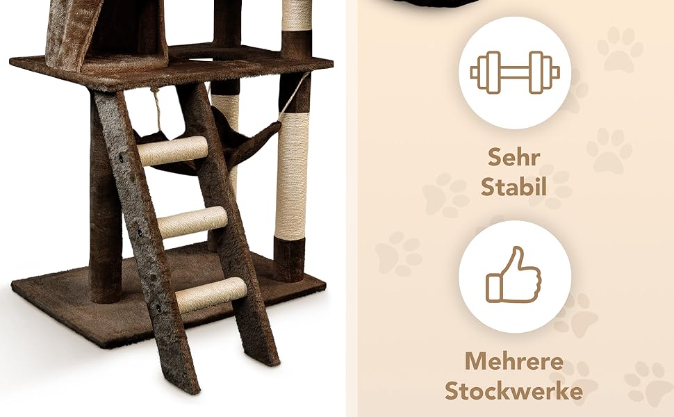 Кігтеточка для котів Foxdevil від xonic® - стабільна, багатофункціональна, з платформою, гамаком, будиночком, іграшкою, 141 см (Коричнева V1)