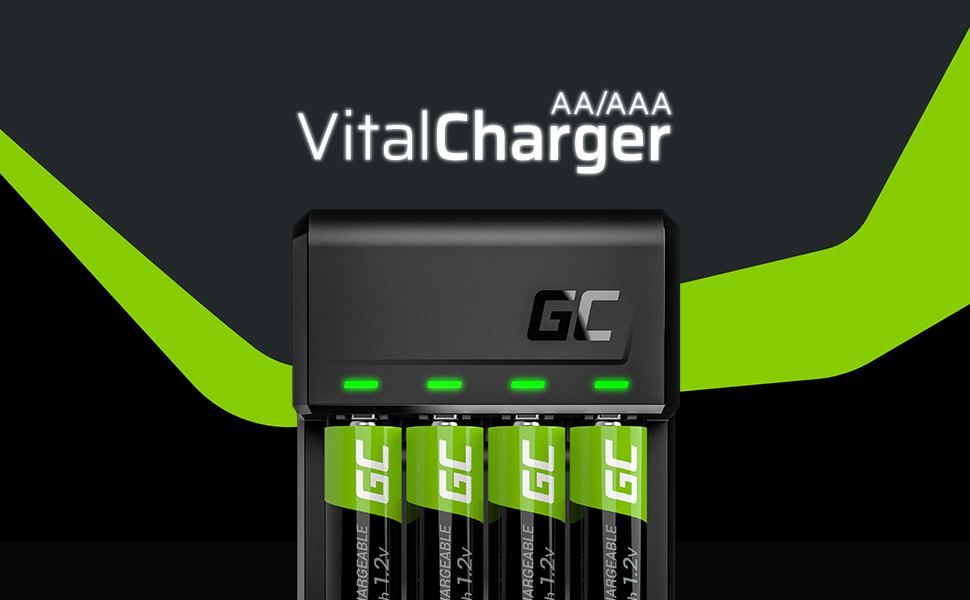 Зарядний пристрій Green Cell VitalCharger для акумуляторів AA AAA NI-MH, 4x2000mAh, Micro USB, USB-C, 4-канальний, LED-індикація