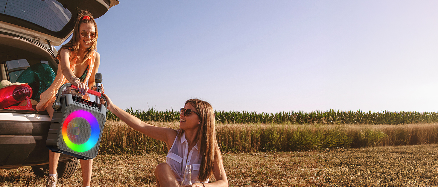 Портативна караоке-машина з 2 мікрофонами та LED-підсвіткою, Bluetooth, AUX, USB, TF, TWS, для вечірок та подарунків (дорослим та дітям)