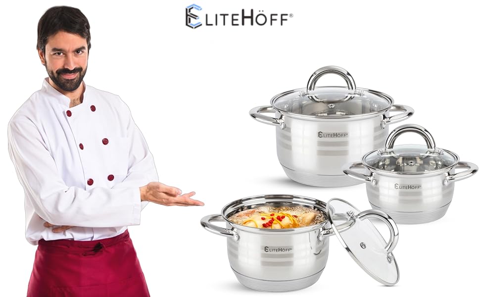 Набір каструль EliteHoff Induktion 6-ти з нержавіючої сталі з кришкою, 7-шаровий, для всіх типів плит (E-4303)